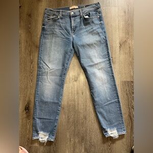 7 For All Mankind Women's Blue Skinny Jeans with Distressed Hem